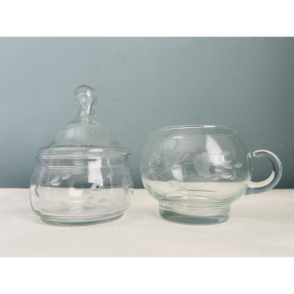 Princess House Heritage Creamer & Sugar Set Lid Vintage Etched Glass Floral - Picture 5 of 8